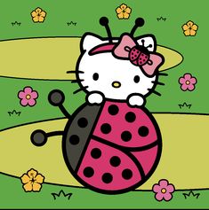 a hello kitty sitting on top of a ladybug with flowers in the background