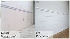 before and after pictures of a white painted wall with wood flooring in the background