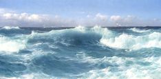 an oil painting of the ocean with waves crashing and birds flying in the sky above