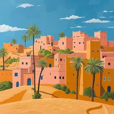 a painting of a desert town with palm trees