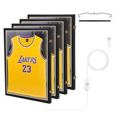 the lakers jersey is attached to an ipod charger and ear buds are plugged in