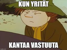 a cartoon character wearing a green hat with the caption kon yritat