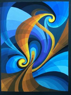 an abstract painting with blue, yellow and orange swirls in the center on a black background