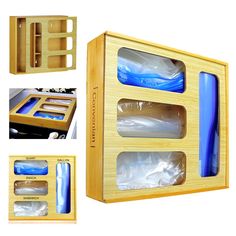 a wooden box with two compartments and three different items in it that include toothbrushes