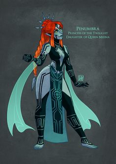 an image of a woman with red hair and armor standing in front of a dark background