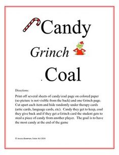 the candy grinch coal recipe is shown in red and black lettering on white paper