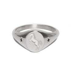 silver ring with pony engraving and stones Engraved Silver Ring, Rearing Horse, The Ring Face, Silver Engraving, Engagement Ring Wedding Band, Lead Time, Ring Necklace, Black Onyx, Wedding Ring Bands