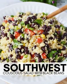 a white plate topped with black beans and couscous