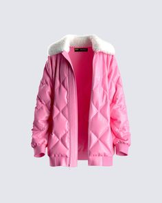 There's really nothing like a pink-quilted, faux leather jacket with a vegan fur collar 💕 Complete with slight padding, and a front zipper, you'll not only be the baddest b*tch but you’ll be the warmest too 😝 Fuzzy Skirt, White Corset Dress, The Baddest, Red Mini Skirt, Pink Quilts, Outerwear Outfit, Pink Jacket, Faux Leather Jacket, Pink Outfits