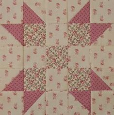 a pink and white quilted star with flowers on the center is featured in this image