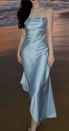 Aesthetic Blue Halter Silk Satin Maxi Dress. https://pradize.com/collection/classy-evening-maxi-dresses-long-formal?menu= Formal Mid Length Dress, Light Blue Satin Dress Long, Blue Dinner Dress, Satin Dress Outfit, Sleeveless Blue Dress, Promotion Dresses, Silk Party Dress, Silk Prom Dress, Party Midi Dress