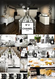 a collage of photos with chandeliers and tables in black and white colors