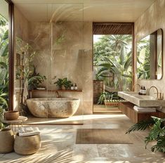 a bathroom with a large bathtub next to two sinks and plants on the wall