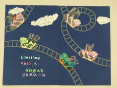 two children's books with pictures of people riding roller coasters in the sky