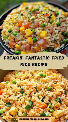 two pictures showing different types of rice and vegetables in the same pan, with text overlay that reads freakin'fantastic fried rice recipe