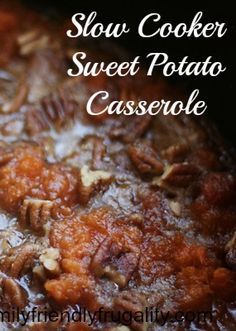 slow cooker sweet potato casserole with pecans in the crock pot