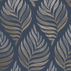 a blue and gold leaf wallpaper with metallic leaves on the back in an elegant pattern