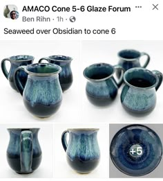 several pictures of blue pottery with different designs and sizes, including the bottom half of a pitcher