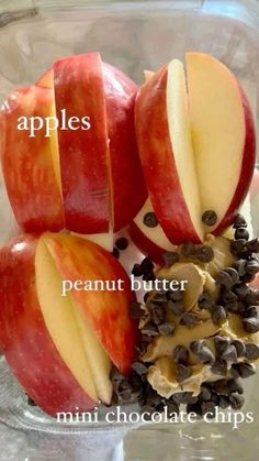 apples, peanut butter, and chocolate chips in a glass bowl with text overlay