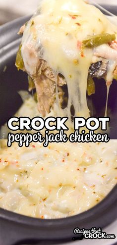 crock pot pepper jack chicken casserole is being lifted from the slow cooker