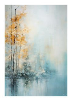 an abstract painting with blue and yellow trees in the foreground, on a white background