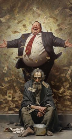 a painting of a man sitting on the ground with money falling from his mouth and another man standing in front of him