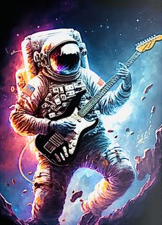 an astronaut with a guitar in his hand