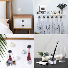 four different shots of bathroom items on display and in the foreground is a bed with white sheets