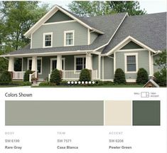 the color scheme for this house is gray and has white trim, windows, and shutters