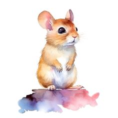 a watercolor painting of a mouse sitting on top of a piece of paper and looking up at the camera