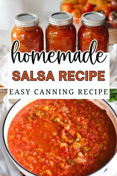 homemade salsa recipe with four jars in the background