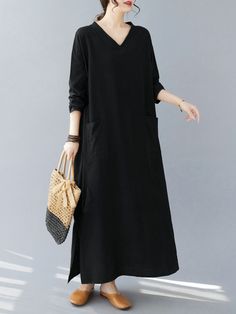 A-Line Long Sleeves Pockets Solid Color Split-Side V-Neck Maxi Dresses BLACK-One_size