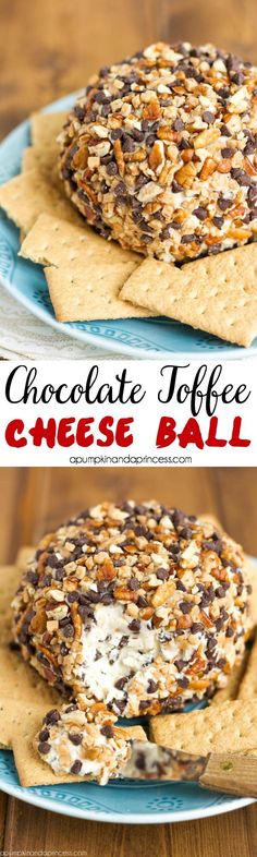 chocolate toffee cheese ball on a plate