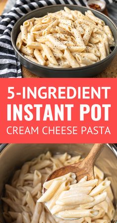 the ingredients for an instant pot cream cheese pasta are shown in bowls with spoons