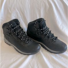 7.5 Wide Black Waterproof Breathable Weatherproof Sporty Synthetic Boots, Black Waterproof Lace-up Hiking Boots, Black Waterproof Lace-up Boots With Reinforced Toe, Sporty Black Weatherproof Waterproof Boots, Waterproof Synthetic Sports Boots, Waterproof Synthetic Boots For Sports, Sporty Black Weatherproof Boots, Black Slip-resistant Hiking Boots For Walking, Black Weatherproof Sports Boots