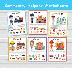 four children's worksheets with the words community helpers and firemen