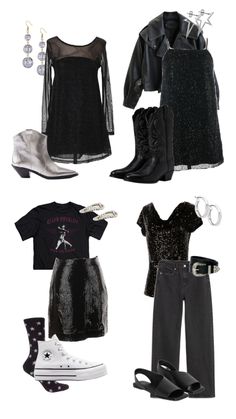 four different types of clothes and shoes are shown in this image, including black tops, jeans