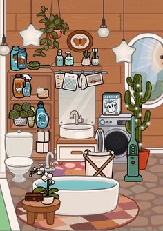 the bathroom is decorated in cartoon style with cactus and potted plants on the wall