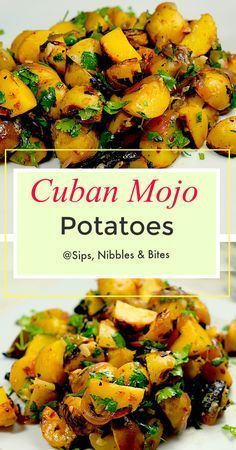 the cover of cuban mojo potatoes with spinach and other toppings on a white plate