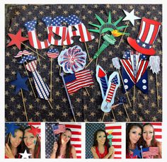 the collage shows american flags, stars and hats on sticks with photoshopped images