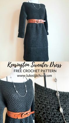 a crochet sweater dress is shown with the words, free crochet pattern