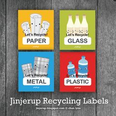 four different colored paper labels with the words, let's recycling labels