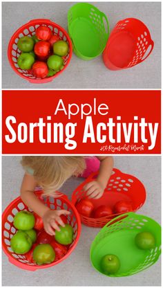 an apple sorting activity for toddlers with apples in red and green baskets on the floor