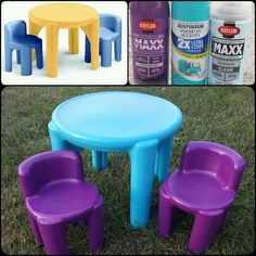 plastic table and chairs made to look like children's furniture in different stages of development