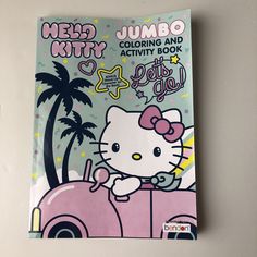 the hello kitty coloring and activity book is pink with white stars, palm trees, and blue sky