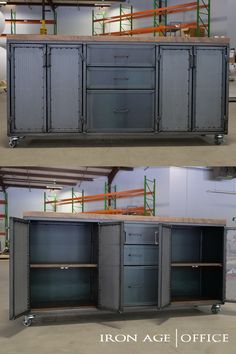 two pictures of the same metal cabinet in different stages of being assembled and put together