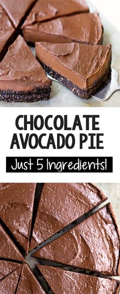 chocolate avocado pie is cut into slices and placed on top of each other