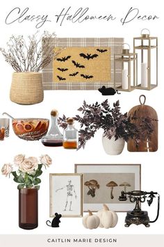 a collage of halloween decor with pumpkins, flowers and other things in it