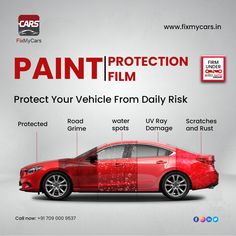 a red car with the words paint protection film on it's front and side