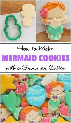 Learn how to make adorable mermaid cookies with a snowman cutter via Sweetsugarbelle.com Mermaid Sugar Cookies, Ocean Cookies, Hawaiian Girl, Cookies Cupcake, Mermaid Cookies